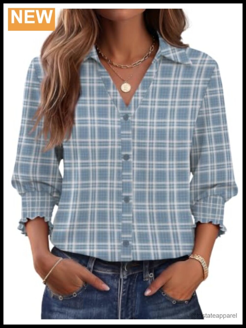 Women's 3/4 Sleeve Collared Button Down Shirt Chic Ruffle Cuff Top